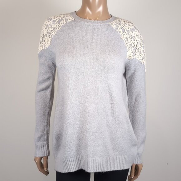3/$20 Forever 21 Crochet Overlay Sweater Winter Pullover Slouchy Ribbed Grey - Picture 1 of 10